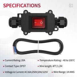 RVBOATPAT 20A 125V AC DPST Waterproof IP66 Inline Power Switch with Red Lighted ON/OFF Switch