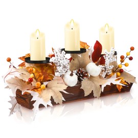 Vesici Neutral Fall Thanksgiving Candle Holder Centerpiece Without Candle Maple Leaves Harvest Tabletop Decor Rustic Artificial Maple Leaves Candelabrum with Pumpkins Berries for Autumn Farmhouse