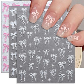 IDDFEVE Bow Nail Art Stickers - White Pink Bow Self-Adhesive Nail Decals for DIY Valentines Day Manicure (3 Sheets)