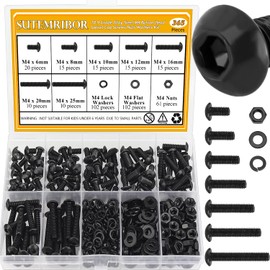 365 Pieces M4 Screws Nuts Washers Set Black, Sutemribor M4 x 6/8/10/12/16/20/25mm Button Head Socket Cap Screws Nuts Washers Assortment Kit, 10.9 Grade Alloy Steel, Fully Threaded