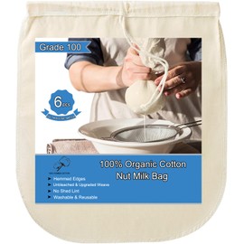 100% Organic Cotton Nut Milk Bag Grade 100, Ultra Fine Hemmed Unbleached Cheesecloth for Straining, Reusable Muslin Nut Milk Bag for Cooking, Baking, Sprouting, Cheese Making (6 Pack)