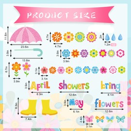 JarThenaAMCS 42Pcs April Showers Bring May Flowers Bulletin Board Decoration Kit Spring Floral Bulletin Board Cutouts with Glue Points for School Office Home Party Whiteboard Decor