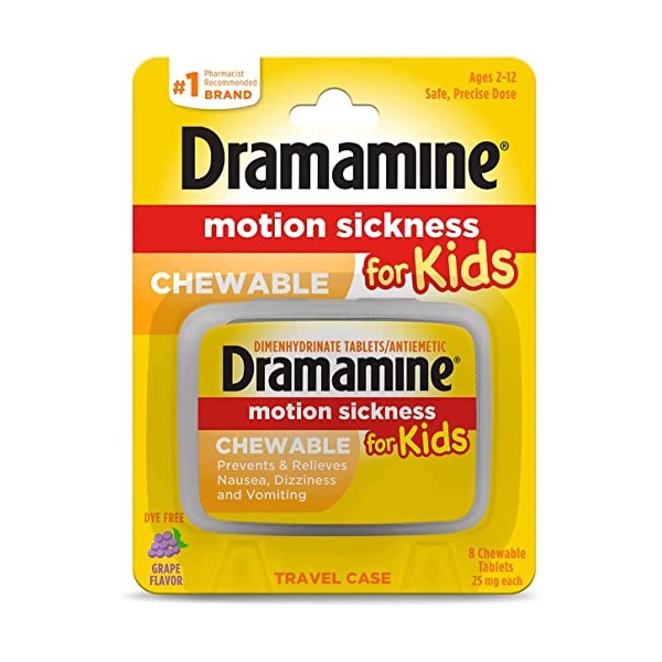 Dramamine Motion Sickness Relief for Kids, Grape Flavor, 8 Count (2 Pack)