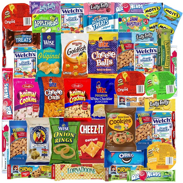 Blue Ribbon Care Package 45 Count Ultimate Sampler Mixed Bars, Cookies, Chips, Candy Snacks Box for Office, Meetings, Schools,Friends & Family, Military,College, Halloween, Father's Day Gift Basket