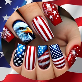 Independence Day Press on Nails Medium Square Fake Nails with USA Flag Designs Holiday 4th of July False Nails Patriotic Acrylic Nails Full Cover Glue on Nails Stars Stick on Nails for Women 24Pcs