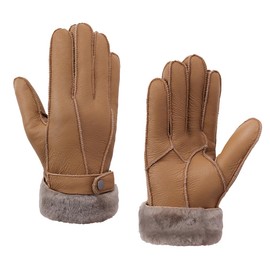 Men Shearling Gloves Winter Leather Gloves Shearling Sheepskin Gloves with Fur Lined,Camel,XL