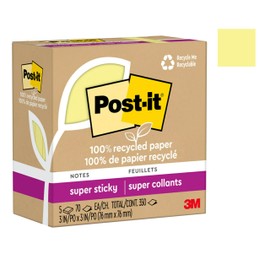 Post-it 100% Recycled Paper Super Sticky Notes, Canary Yellow, 3 in. x 3 in., 5 Pads/Pack, 70 Sheets/Pad