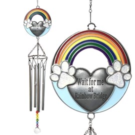BANBERRY DESIGNS Rainbow Bridge Pet Memorial Windchimes - Wait for Me at Rainbow Bridge Sentiment for Dogs or Cats - Paw Prints Rainbows Blue Sky Design - Approximately 20 Inches Long