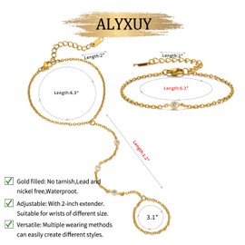 ALYXUY Hand Chain Bracelet for Women,2PC Trendy 14K Gold Plated Bracelet Stack Finger Ring Adjustable Rhinestone Hand Chain for Women Summer Jewelry Non Tarnish Gold Ring Hand Bracelet