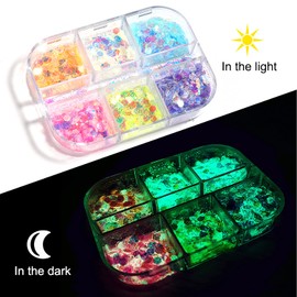 Luminous Nail Glitter Sequins Fluorescent Iridescent Mixed Hexagon Flakes Decoration Holographic 3D Glow Ultra-Thin Confetti Nails Supplies for Women Girls Manicure Tips DIY Crafts Makeup (6 Colors)
