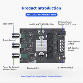 ZK-502T Bluetooth Amplifier Board with Treble and Bass Control 2.0 Channel TPA3116D2 50Wx 2 Bluetooth 5.0 AMP Board for Home Passive Speakers