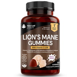 Lion’s Mane Mushroom Gummies High Strength - 2500mg with Vitamin C & B5 - Berry Flavour - 60 Vegan Lions Mane Gummies, 1 Month Supply, Made in UK by New Leaf