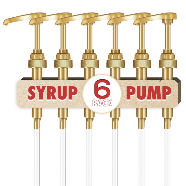 Coffee Syrup Pump Dispenser, 6 Pack Skinny Syrup Pump for 750ml/25.4 oz Syrup Bottle, Gold Pumps for Coffee Syrup Bottle, works with Torani, DaVinci, Jordans Skinny 750ml Syrups Bottles (Gold)