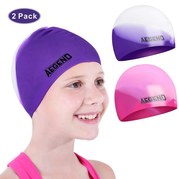 Aegend Kids Swim Cap (Age 4-8), 2 Pack, Purple & Pink