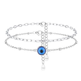 Sllaiss 925 Sterling Silver Anklets for Women 2Pcs Evil Eye Anklet Beaded Anklet Cross Ankle Bracelets Adjustable Chain Layered Anklet Bracelet Summer Beach Foot Jewellery Evil Eye