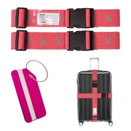Suitcase Strap Set with Luggage Tag, Two Piece Webbing for Safety, Light Red, with Name Tag, Suitcase Straps with Address Tag for Travel and Flying, Suitcase Tie Down Straps, Cross Strap for Suitcases