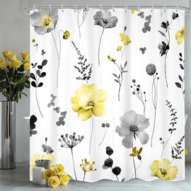 Omifly Watercolor Floral Shower Curtain 72Wx72H Inch Spring Yellow Flower Shower Curtains for Bathroom Modern Minimalist Botanical Wildflower Waterproof Fabric Shower Curtain Set with 12 Plastic Hooks