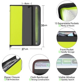 TRANBO 13 Pockets Expanding File Folder with Zipper Closure, A4 Plastic Document Wallet Organizer with Handy Front Pocket for Personal Office Stationary Storage(Green)