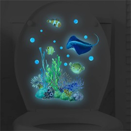 Condessacity Glow in the Dark Wall Sticker Night Glow in the Dark Fluorescent Sticker Coral Flower Devil Fish World in the Sea Toilet Wall Sticker Bathroom Toilet Wall Decor Living Room Bedroom