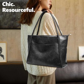 Large Black Tote Bag for Women Work with Zipper 16L Vegan Leather Ladies Travel Purses and Handbags