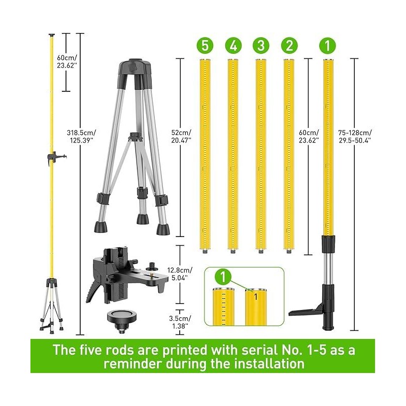 Huepar 12 Ft./3.7M Laser Level Pole LP36A with Tripod, 1/4-Inch