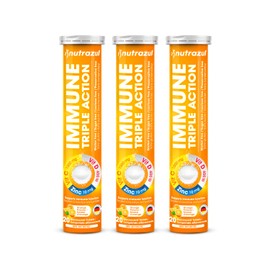 Nutrazul Immune Triple Action Effervescent Tablets - Vitamin C 1000 mg, Vitamin D 400 IU, Zinc 10mg I Orange 20's ( Pack of 3) I Gluten Free, Sugar Free, Lactose Free & Preservative Free I Maintains Immune Function, Healthy Bones, Cartilage, Teeth & Gums