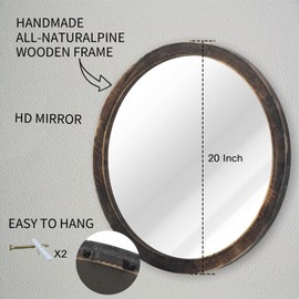 JJUUYOU Wall Mirror 20 Inch Rustic Black Round Wall Mirror for Bathroom, Farmhouse Circular Mirror Washroom Wall Decor Wood Frame Mirror for Living Room, Bedroom, Dorm Decorative