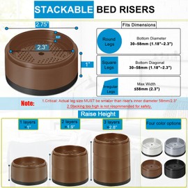 EGTTGIN 8 Pack Furniture Risers 1 Inch, Adjustable Bed Risers Heavy Duty for Table Desk Couch Chair Sofa Cabinet Bed Legs Dorm, Round Stackable Bed Raisers Blocks Lift Height 1", 2" or 3", Brown