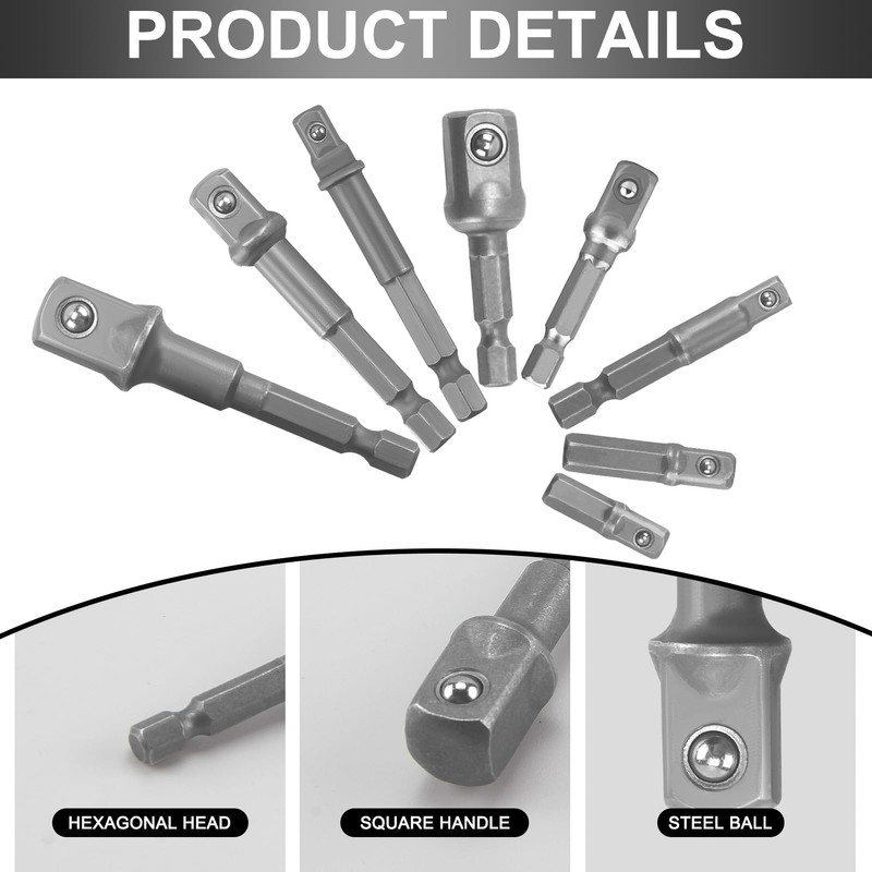 8-Piece Socket Adapter, 1/4 Inch Hex Adapter to 1/4 Inch,