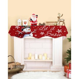 Christmas Snowman Mantel Scarf for Fireplace Winter Snowflake Christmas Red Mantel Cover Let it Snow Fireplace Top Scarf Runner for Holiday Living Room Home Decoration 70 x 17 Inches