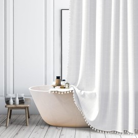 Farmhouse White Extra Long Shower Curtain - Boho Modern Linen Fabric Shower Curtains for Bathroom, XL Large Country Heavy Duty Thick Bathroom Curtain Set with Tassel - Bohemian Shower Curtain 72x84