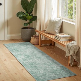 jinchan Runner Rug 2x5 Green Kitchen Rugs Hallway Runner - Machine Washable Vintage Floral Non-Slip,Low Pile Soft Ultra-Thin Distressed Carpet for Entryway Farmhouse Bedroom Laundry Room (2’x5’,Green)