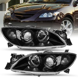 SOCKIR Halogen Headlights Assembly Headlamp Replacement Fit 2004 2005 2006 2007 2008 2009 Mazda3 Sedan 4-Door Black Housing Clear Reflector