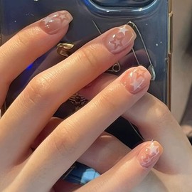 Press on Nails Short Fake Nails Square Stick on Nails Nails with Star Design Nude Pink Nails for Women