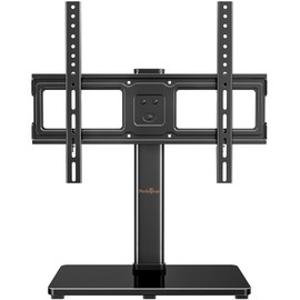 Perlegear Tabletop TV Stand, Universal TV Stand for 23–55 Inch LCD/LED/OLED TVs, Height-Adjustable with Tempered Glass Base & Cable Management, Holds up to 77 lbs, VESA 400x400mm, PGTVS02
