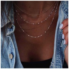 Yheakne Boho Layered Necklace Choker Gold Lace Chain Necklace Shimmer Shinny Necklace Vintage Multilayer Beaded Necklace Jewelry for Women and Girls