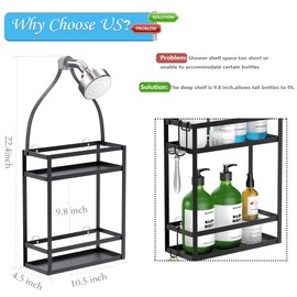 Meangood Shower Caddy, 10.4" x 4.5" x 22.04" Hanging Shower Caddy Organizer Over Shower Head Big Capacity for Shampoo, Conditioner with Hooks for Razor/Sponge, Matte Black