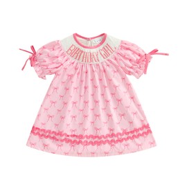 Lamuusaa Toddler Baby Girl Birthday Outfit Birthday Girl Smocked Embroidery Dress Bow Print Playwear Summer Clothes (Pink, 3-4 Years)