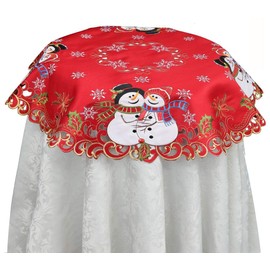 Creative Linens Holiday Christmas Tablecloth 33” Round Embroidered Snowman Snowflake Poinsettia Winter Table Topper Red Gold