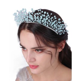 Teyglen Bridal Pearl Headband Blue Pearl Beads Wedding Headband Tiara Handmade Pearl Hair Band Hoop Wedding Headpiece Hair Accessories for Women Girls (Blue)
