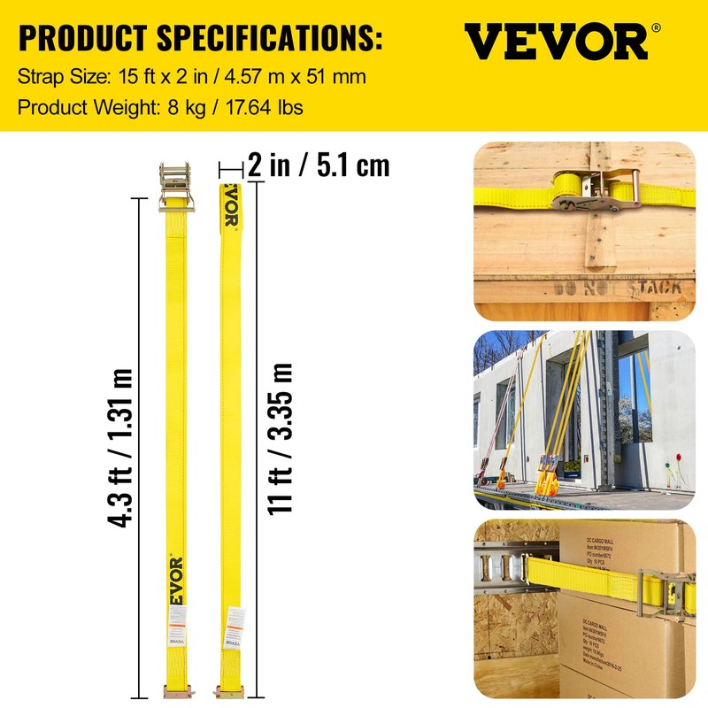 VEVOR E-Track Ratchet Strap, 8 Pack 2" x 15'Polyester Tie-Down