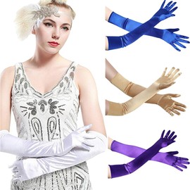 ESTEVANJ MUR Women's Long Gloves Satin Classic Ball Party Wedding Bridal Gloves 1920s Style Gloves Elastic Adult Size up to Wrist Length, 3