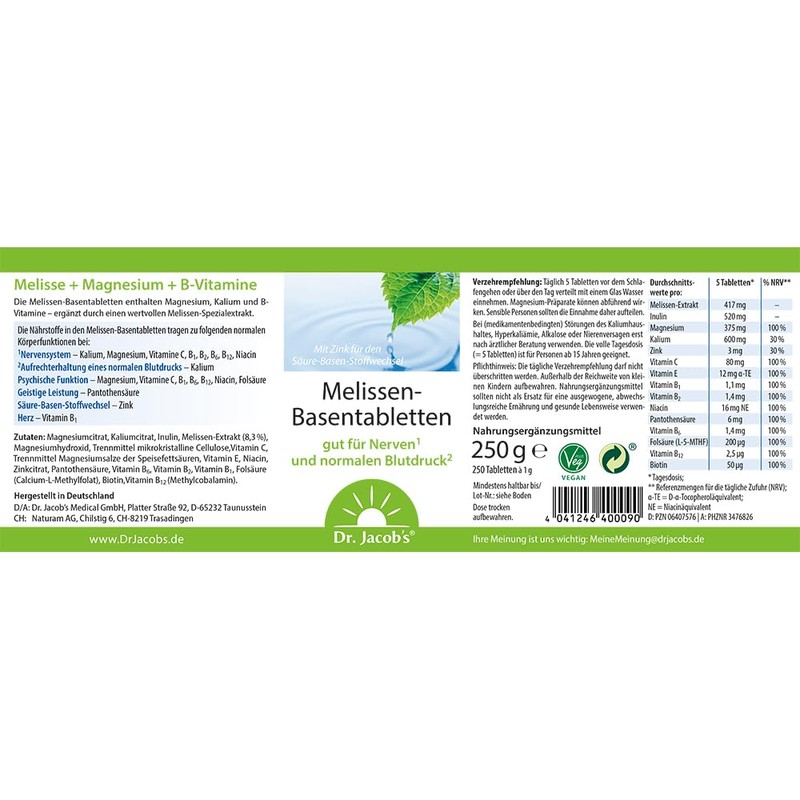Dr. Jacob's Melissa Base Tablets I Good for Nerves &