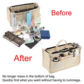 IGNPION Printed Handbag Insert Organiser with 13 Pockets, Expandable Zipper Bag, Shopping Bag, Organiser, Nappy Bag, Insert with Handle, beige
