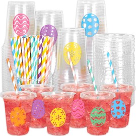 Whaline 60Pcs Easter Disposable Plastic Cups with Lids and Straws 12Oz Colorful Egg Pattern Cold Beverage Drinking Cup for Spring Holiday Birthday Party