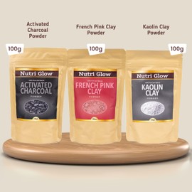 Nutri Glow's Activated Charcoal Powder, French Pink Clay, Kaolin Clay | 100% Pure and Natural Powders | Pack of 3 Combo