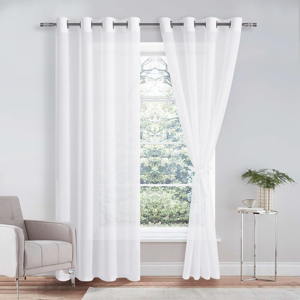 DWCN Sheer Voile Curtain, Transparent Curtain with Eyelets, 2 Pieces, Eyelet Curtain for Living Room, Baby Room, Bedroom, White, 240 x 140 cm (H x W)