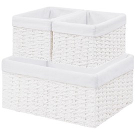 Vagusicc Wicker Basket, Set of 3 Hand-woven Storage Baskets for Organizing, Decorative Rectangle Wicker Storage Basket Bins with Handles, Small Toilet Paper Storage Baskets for Shelves & Decor, White