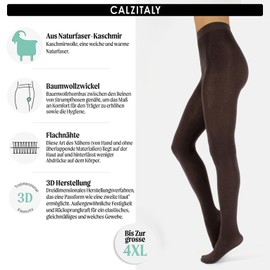 CALZITALY Warm Winter Tights Made of Wool Cashmere, 150 Denier, S, M, L, XL, 2XL, 3XL, 4XL, Made in Italy, brown