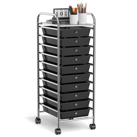 Byroce 10 Tier Drawer Rolling Storage Cart, Tools Scrapbook Paper Organizer Trolley with 360° Rotating Wheels and PP Drawers, Sturdy Metal Frame, Unity Storage Cart for Home, School, Office (Black)